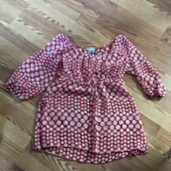 Speechless Red & Cream Polka Dot  Semi Sheer Chiffon Elastic Waist Blouse L - Picture 1 of 7